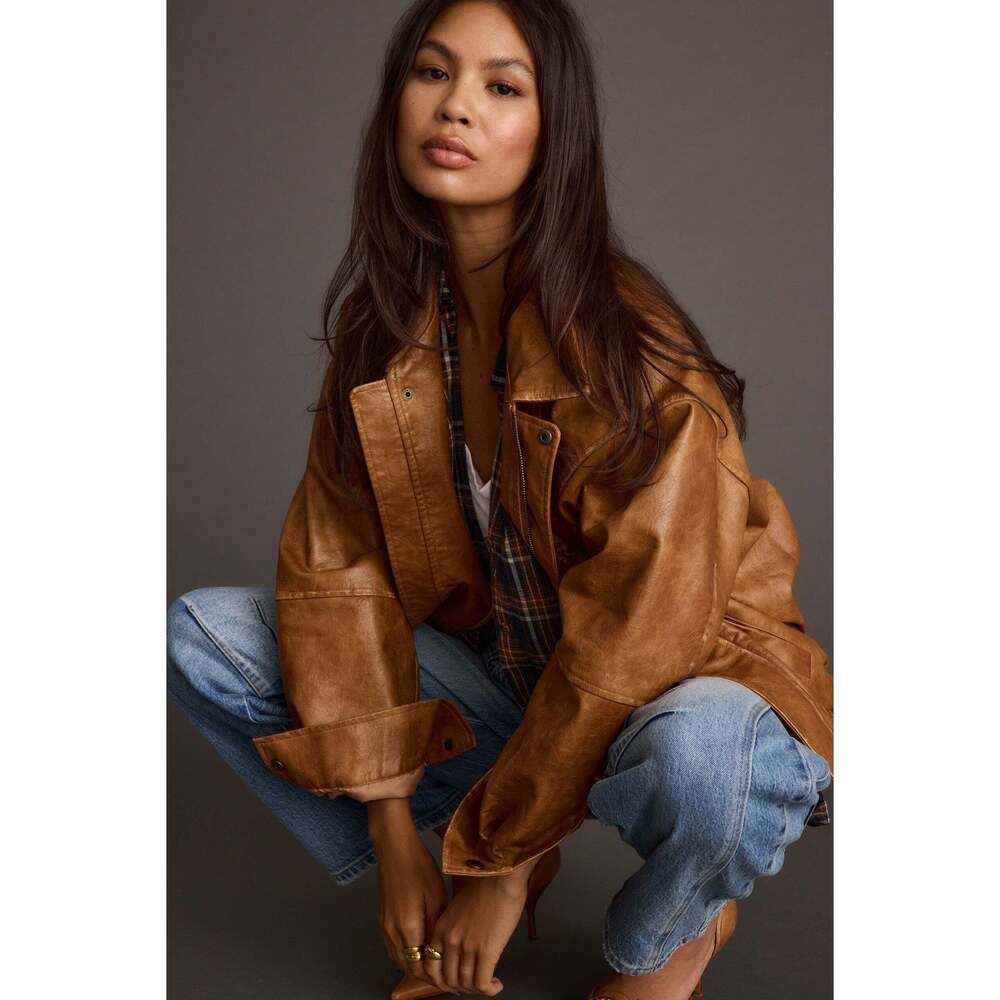 12th Tribe London Calling Cognac Oversized Faux Leather Jacket Size L